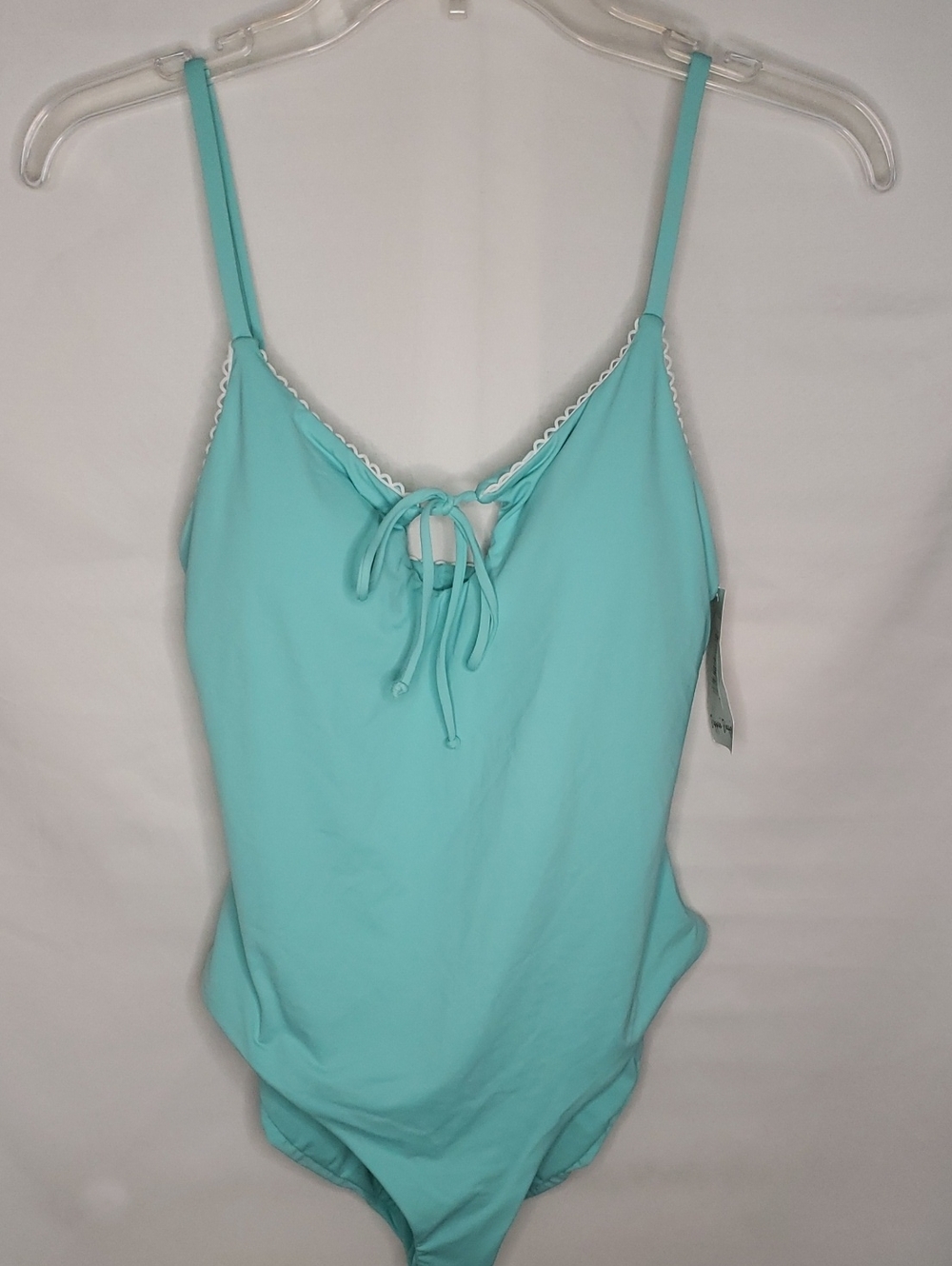 Dippin Daisy's Pale Aqua Tie Front Tank Swimsuit With White Scallop Trim